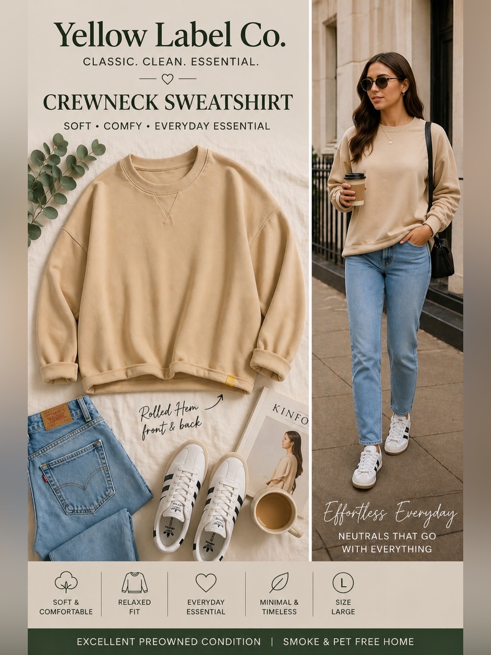 Yellow Label Co. Beige Crewneck Sweatshirt Size Large